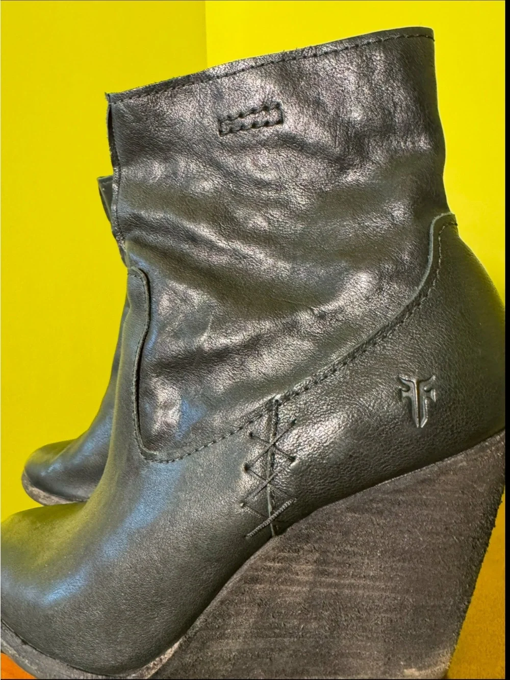 Frye Black Leather Wedge Ankle Boots